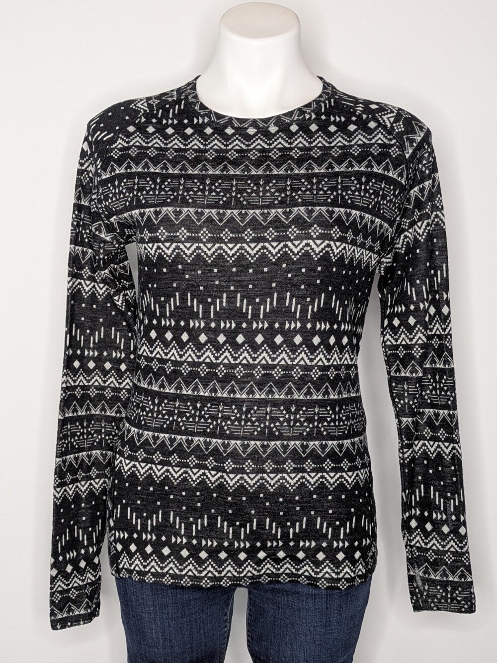 Terramar Black White Geometric Stripe Wool Blend Base Layer Winter Sweater M